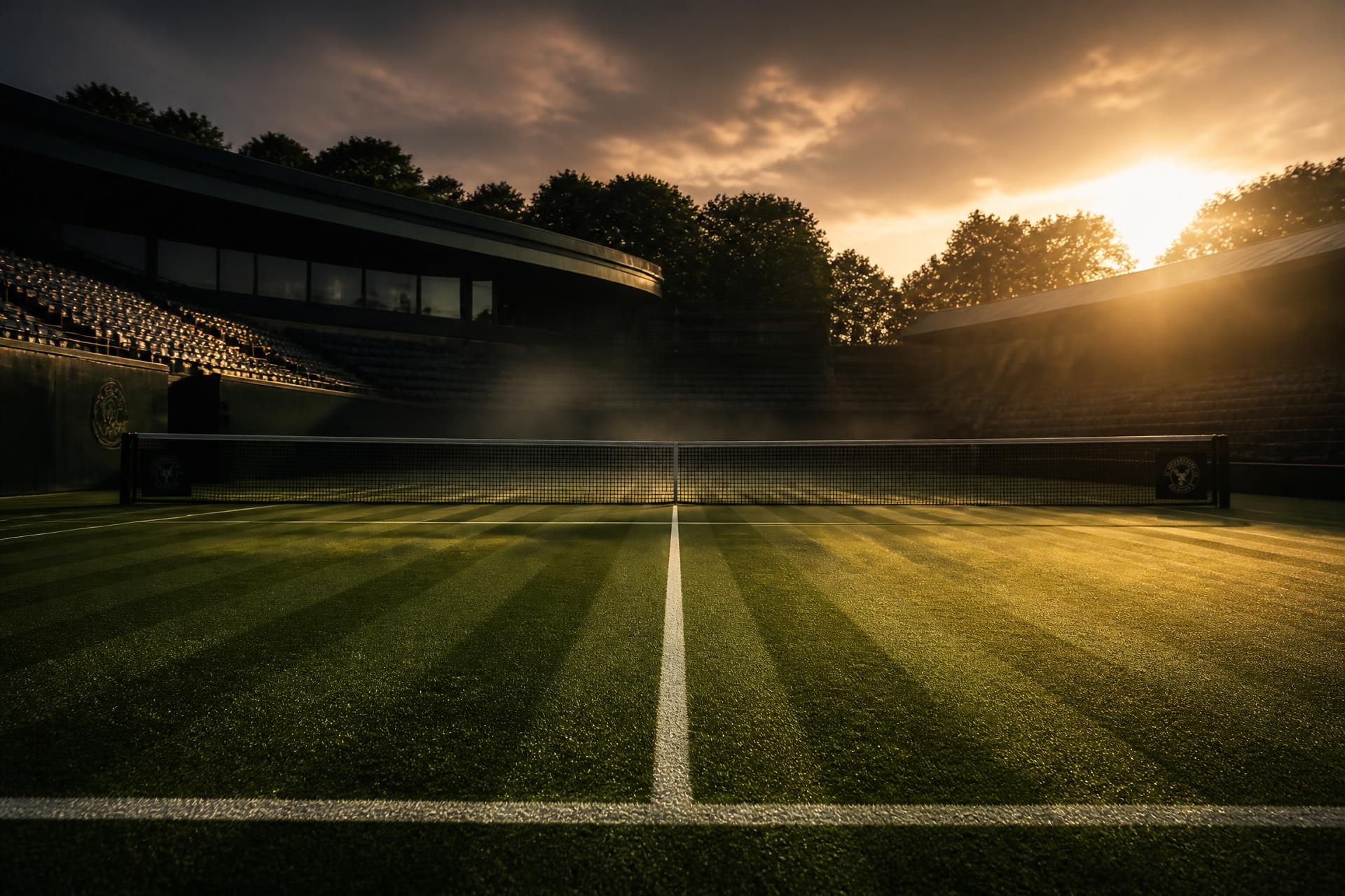 Grass tennis court at golden hour